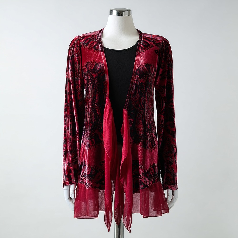 Velour/Velvet Burnout Cardigan Red Black Layered Hem Whimsigoth Fairy Boho